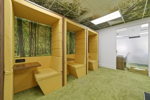 Create Business Hub - Coworking space brentwood - communal area with desk booths and hanging chair